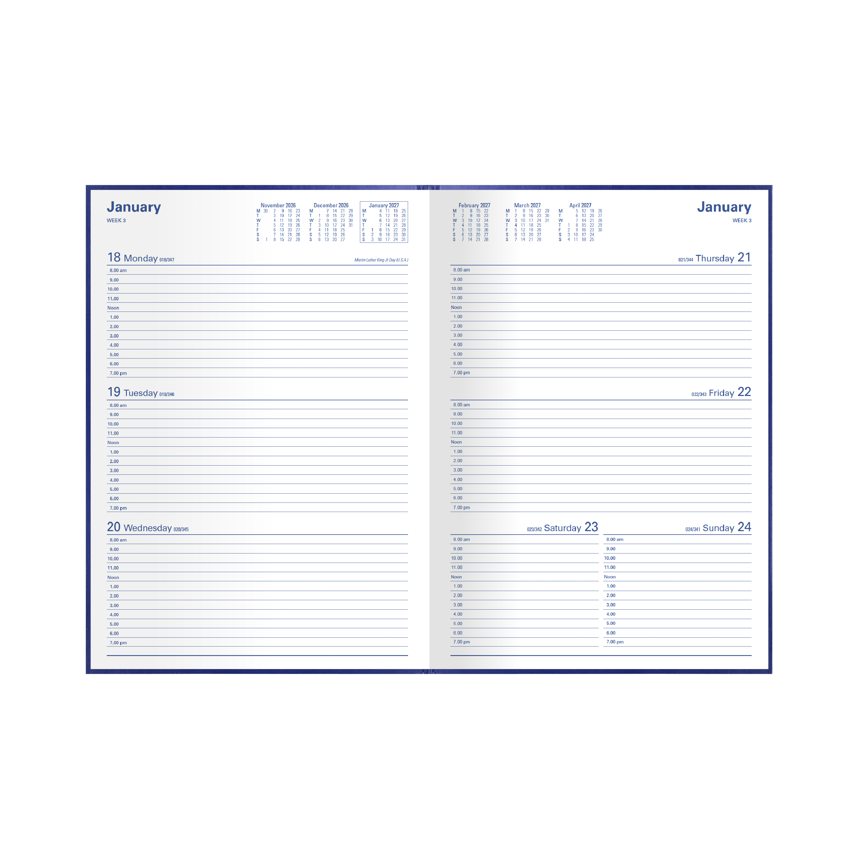 Collins Kingsgrove 2027 A4 week to view diary blue open showing weekly layout