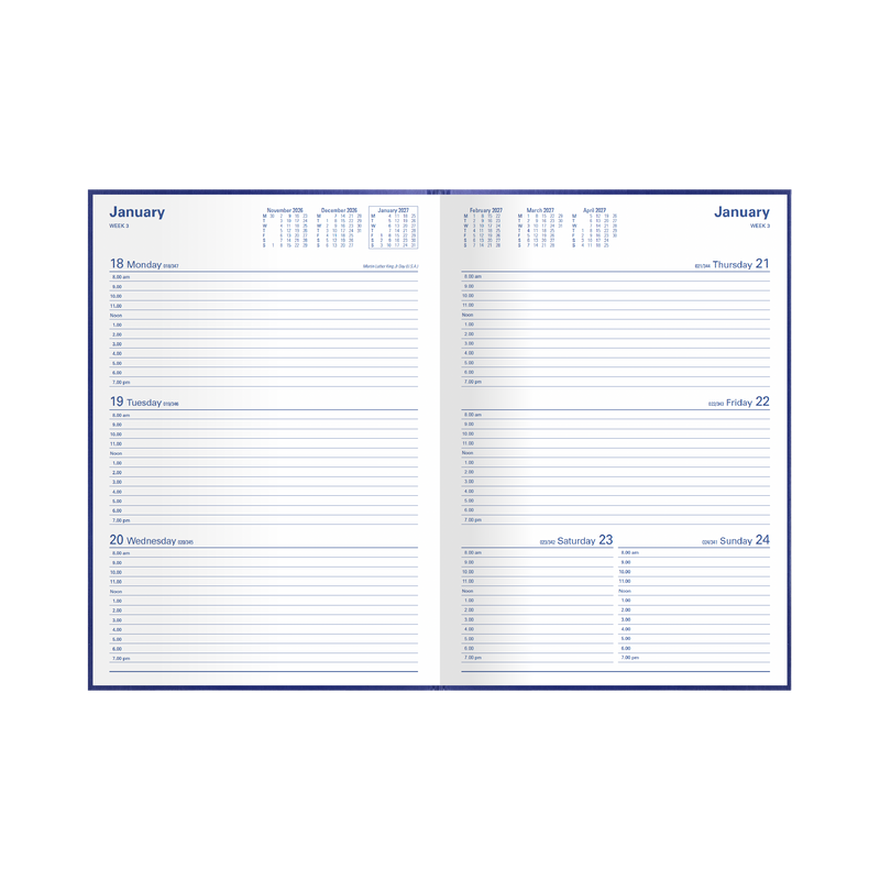 Collins Kingsgrove 2027 A4 week to view diary blue open showing weekly layout
