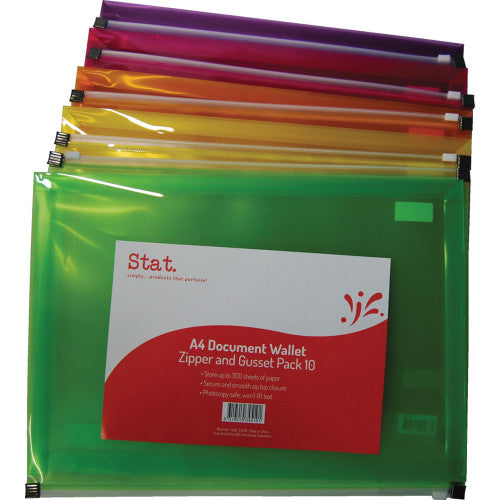A4 PP Document Wallet with Zip Gusset Assorted Pack 10