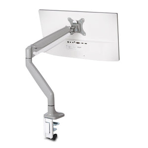 Kensington SmartFit One-Touch Height Adjustable Single Monitor Arm in grey holding a monitor