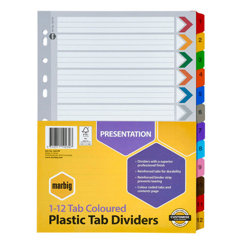 Marbig Indices and Dividers 1-12 Tab Reinforced A4 Multi Colour