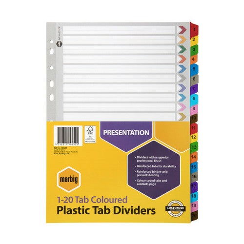 Marbig Indices and Dividers 1-20 Tab Reinforced A4 Multi Colour