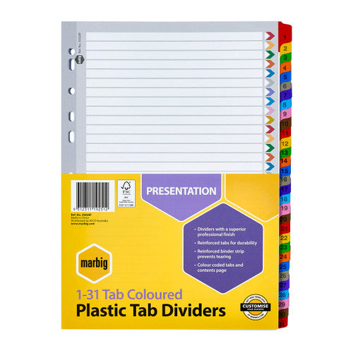 Marbig Indices and Dividers 1-31 Tab Reinforced A4 Multi Colour