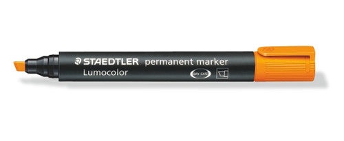 Staedtler Lumocolor 350-4 permanent chisel tip marker orange box of 10 showing high-visibility colour for hazard marking and warehouse labelling