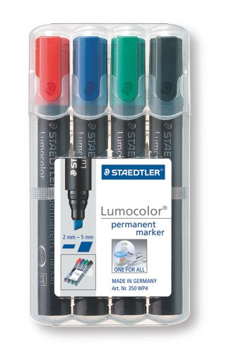 Staedtler Lumocolor 350 WP4 permanent chisel marker wallet of 4 assorted showing broad-stroke multi-colour set for packaging, cartons and surface marking