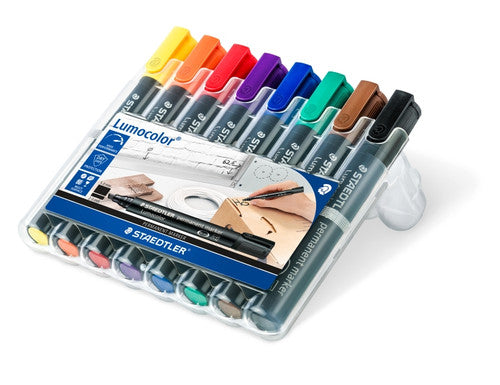 Staedtler 350-WP8 Permanent Chisel Tip Lumocolor Markers Wallet of 8 Assorted Colours