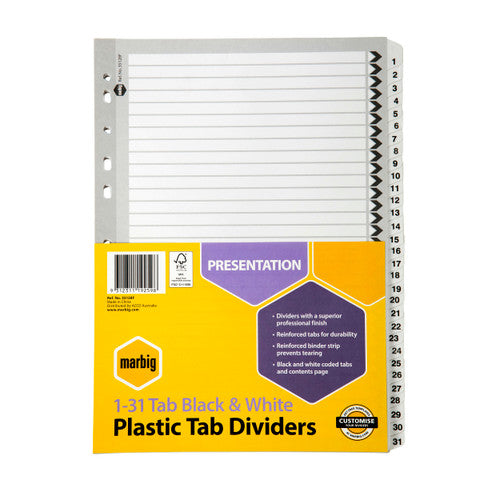 Marbig Indices and Dividers 1-31 Tab Reinforced A4 Black and White