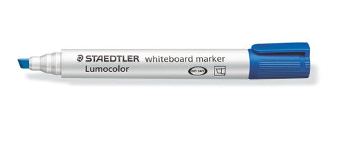 Staedtler Lumocolor 351 B-3 blue chisel whiteboard marker showing variable chisel tip and blue cap