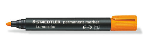 Staedtler Lumocolor 352-4 permanent bullet tip orange markers box of 10 showing vivid orange permanent pens for caution coding and accent marking