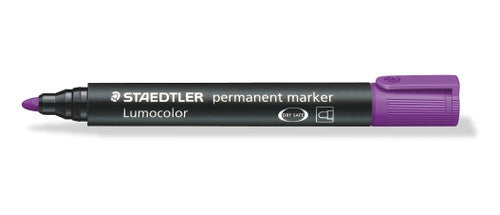 Staedtler Lumocolor 352-6 permanent bullet violet markers box of 10 showing vivid purple-violet pens for fifth category permanent marking