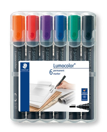 Staedtler Lumocolor 352 WP6 permanent bullet tip marker wallet of 6 assorted showing waterproof colours for art and craft projects