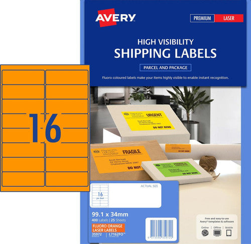 Avery Fluoro Orange Signalling Labels L7162FO 400 Pack 99.1 x 34mm 16UP