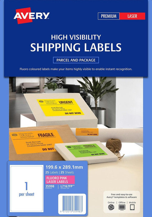 Avery Fluoro Pink Signalling Labels L7167FP 25 Pack 199.6 x 289.1mm 1UP