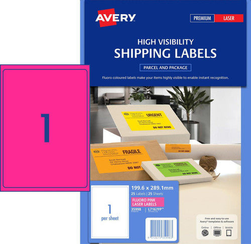 Avery Fluoro Pink Signalling Labels L7167FP 25 Pack 199.6 x 289.1mm 1UP