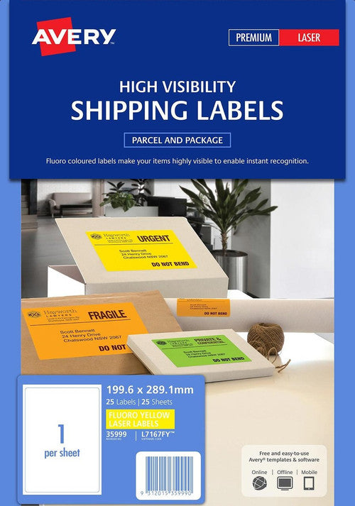 Avery Fluoro Yellow Signalling Labels L7167FY 25 Pack 199.6 x 289.1mm 1UP