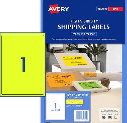 Avery Fluoro Yellow Signalling Labels L7167FY 25 Pack 199.6 x 289.1mm 1UP