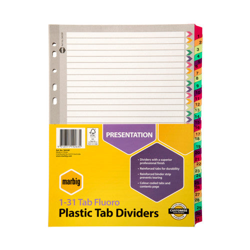 Marbig Indices and Dividers 1-31 Tab Reinforced A4 Fluoro