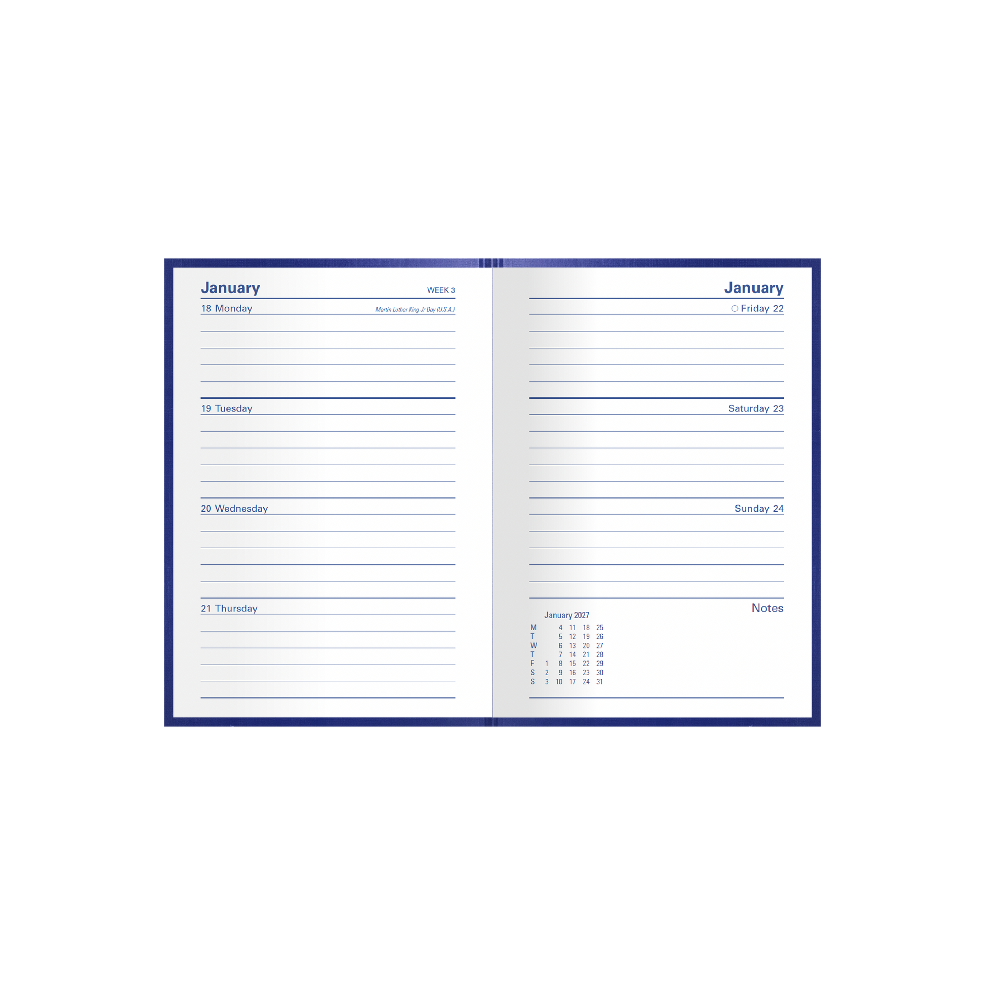 Collins Kingsgrove 2027 A6 week to view diary blue open showing weekly layout