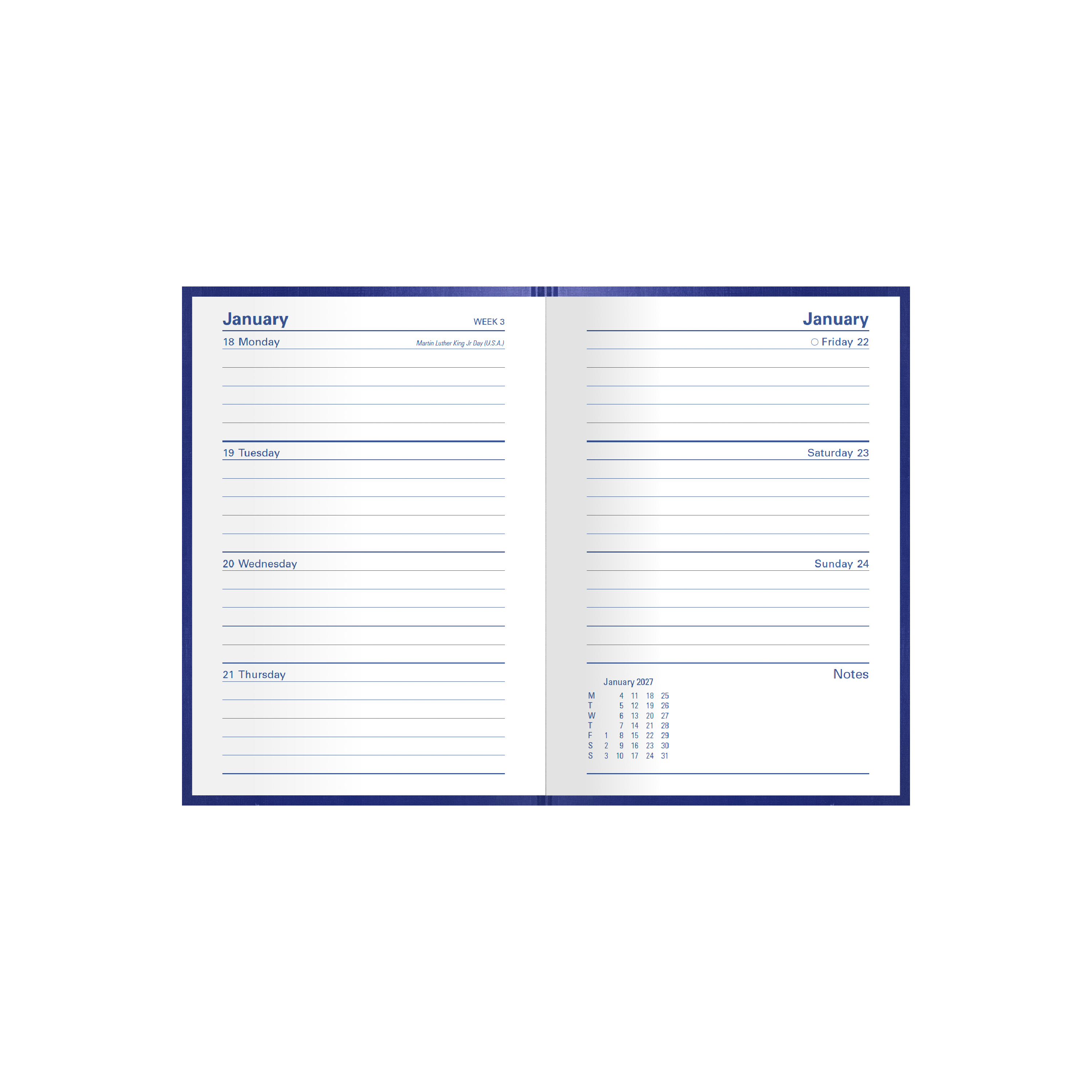 Collins Kingsgrove 2027 A6 week to view diary blue open showing weekly layout