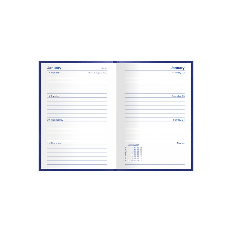 Collins Kingsgrove 2027 A6 week to view diary blue open showing weekly layout