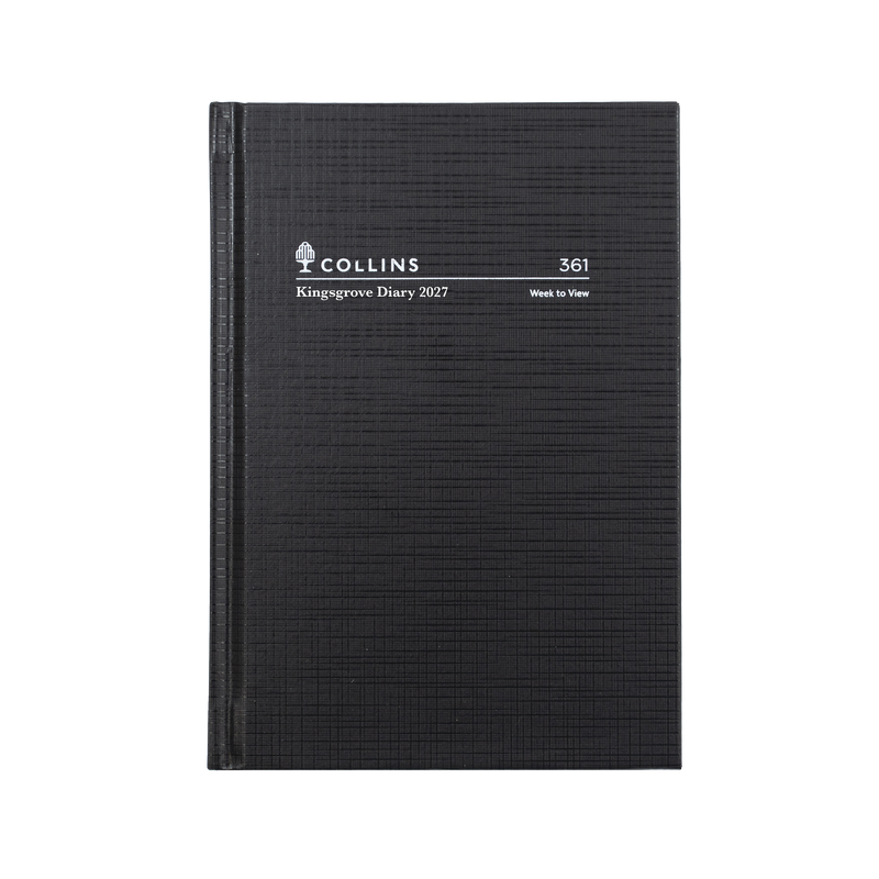 Collins Kingsgrove 2027 A6 week to view diary black cover angled view