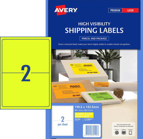 Avery Fluoro Yellow Label L7168FY 199.6 x 143.5mm 2UP