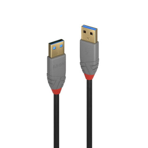 Lindy 2m USB 3.0 Type A to A Cable Anthra Line, two grey USB Type A plugs with gold-coloured contacts, blue inserts and red collars on black cable