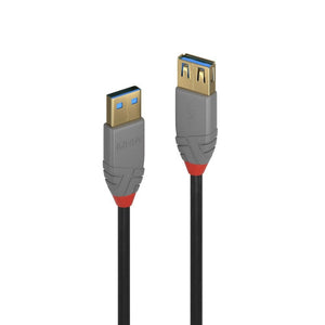 Lindy 0.5m USB 3.0 Type A to A Extension Cable Anthra Line, grey Type A plug beside the grey Type A socket with red collars