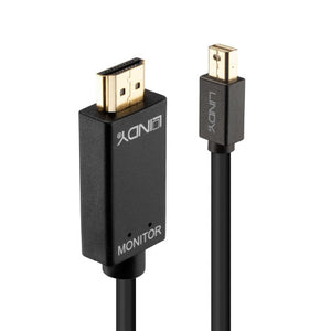 Lindy 2m Mini DisplayPort to HDMI 10.2G Cable, black HDMI housing marked Monitor beside the slim Mini DisplayPort plug