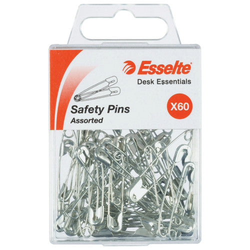 Esselte 37046 Safety Pins Assorted Sizes Silver Pack 60