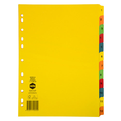 Marbig Indices and Dividers 1-12 Tab Manilla A4 Brights Pack of 25