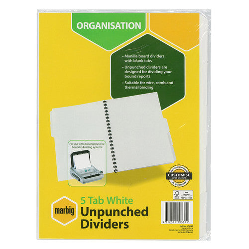 Marbig Indices and Dividers 5 Tab Manilla A4 Unpunched White Pack of 25