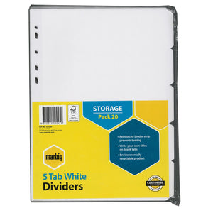 Marbig Indices and Dividers 5 Tab Manilla A4 White Bulk Pack of 20