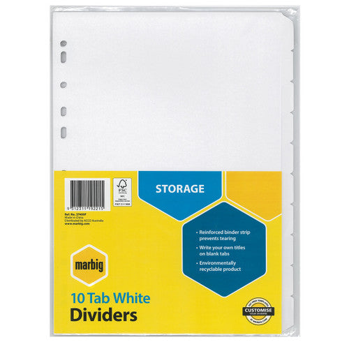Marbig Indices and Dividers 10 Tab Manilla A4 White