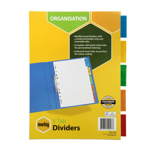 Marbig Indices and Dividers 5 Insert Tab Manilla A4 Multi Colour