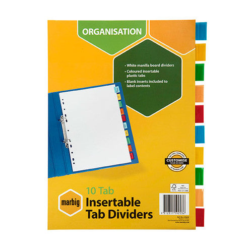 Marbig Indices and Dividers 10 Insert Tab Manilla A4 Multi Colour