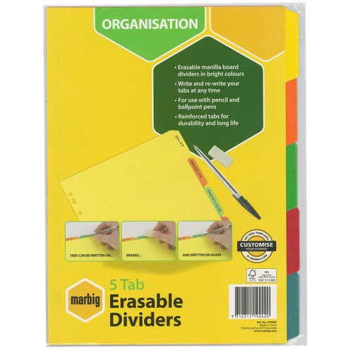 Marbig Indices and Dividers 5 Tab Manilla A4 Eraseable Brights