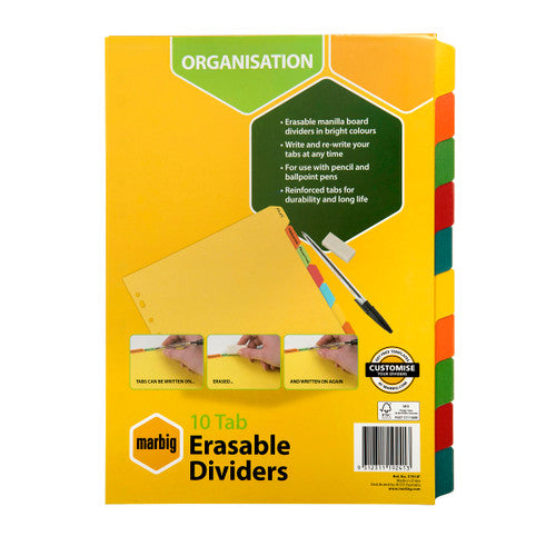 Marbig Indices and Dividers 10 Tab Manilla A4 Eraseable Brights