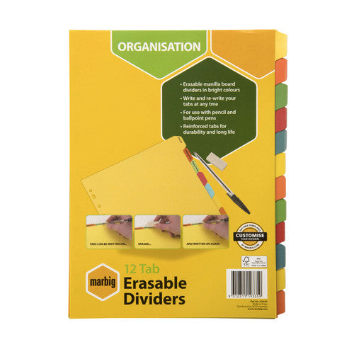 Marbig Indices and Dividers 12 Tab Manilla A4 Eraseable Brights Box of 10