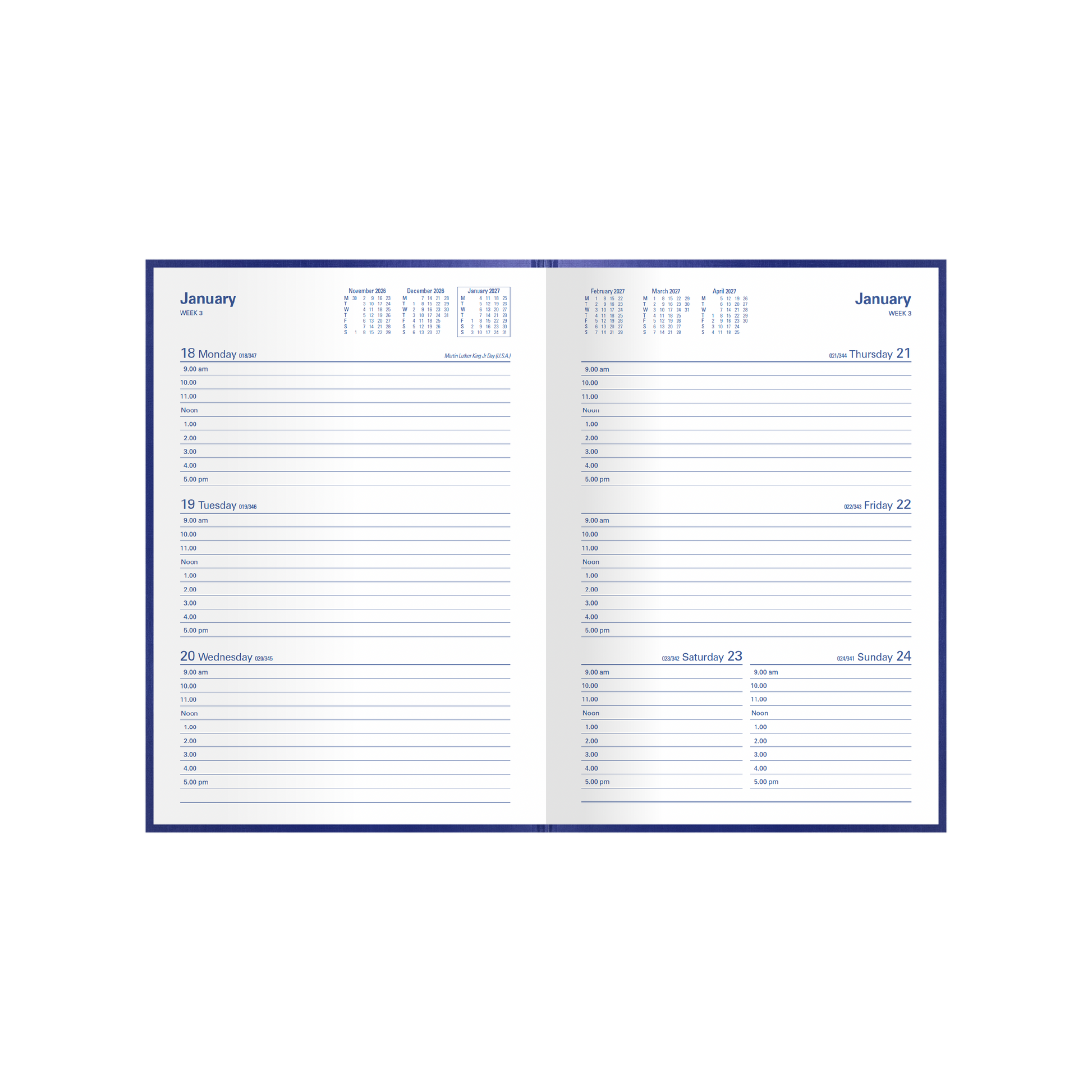 Collins Kingsgrove 2027 A5 week to view diary blue open showing weekly layout