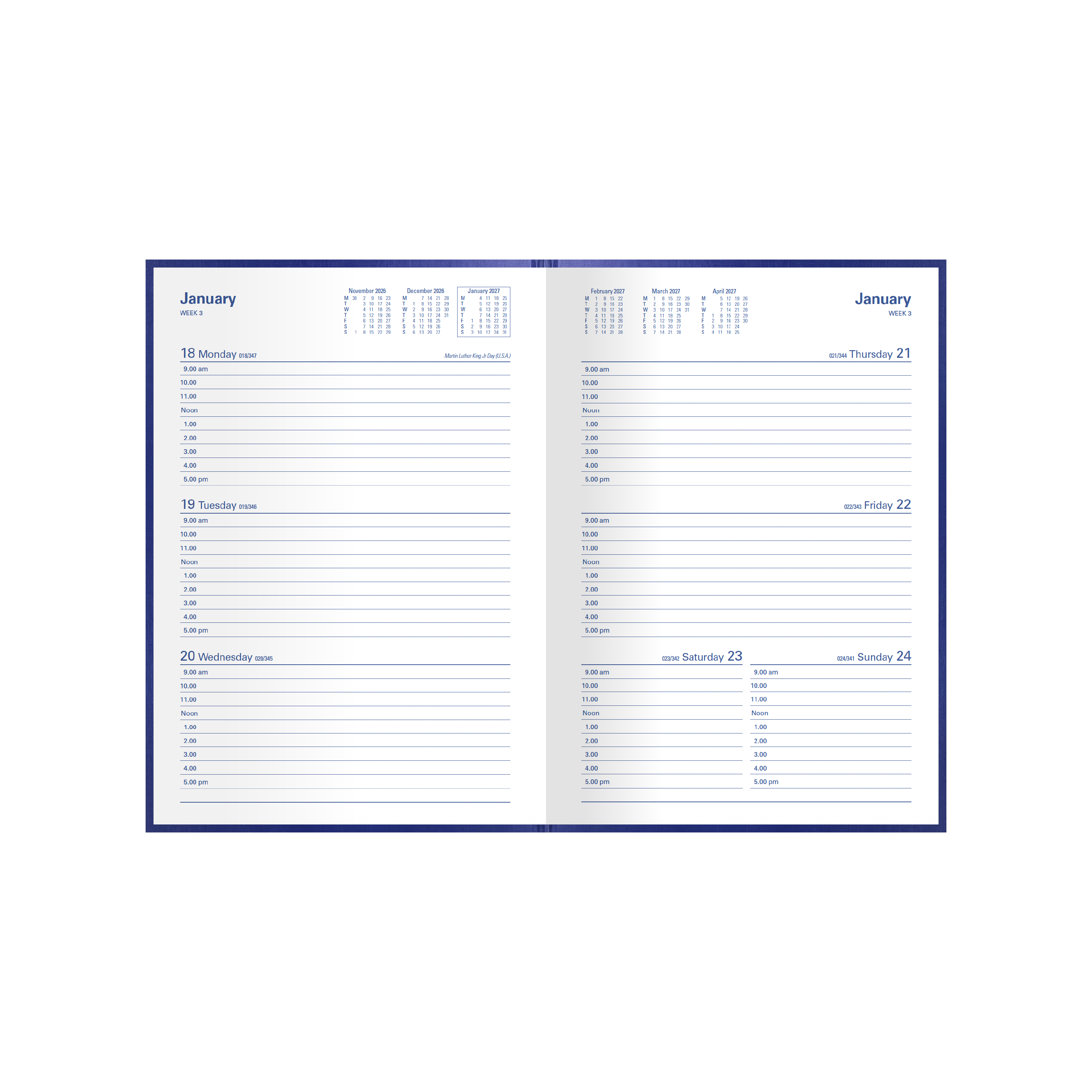 Collins Kingsgrove 2027 A5 week to view diary blue open showing weekly layout