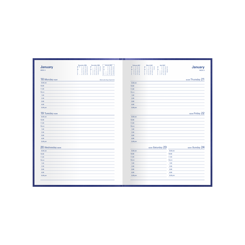 Collins Kingsgrove 2027 A5 week to view diary blue open showing weekly layout