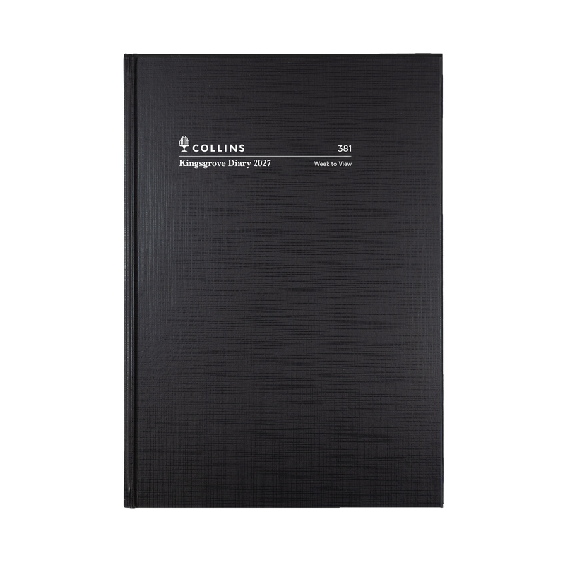 Collins Kingsgrove 2027 A5 week to view diary black cover angled view