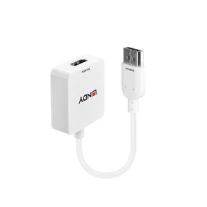 Lindy HDMI to DisplayPort UHD 4K Converter in white, HDMI female housing beside the DisplayPort male plug