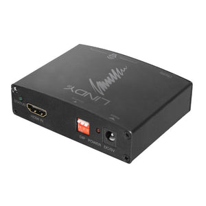 Lindy HDMI 4K Audio Extractor in black metal, showing the HDMI port, orange DIP switch and power socket on one side