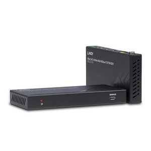 Lindy 150m Cat6 HDMI 4K60 HDBaseT Extender, transmitter lying flat with the receiver standing on end behind it