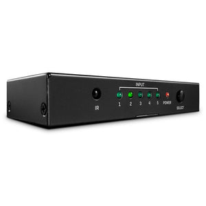 Lindy 5 Port HDMI 18G Switch, angled front view with IR sensor, five input LEDs, power LED and select button