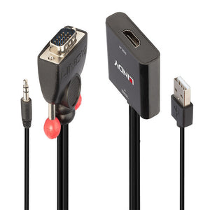 Close view of the Lindy VGA and Audio to HDMI Converter Black, with VGA plug, 3.5mm audio plug, USB-A plug and HDMI housing
