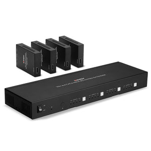 Lindy 70m Cat6 4x4 HDMI 4K60 Matrix Extender main unit in black with its four small receiver units stacked behind it