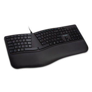 Kensington Pro Fit Ergo Wired Keyboard in black, angled view of the split, sloped layout with cable